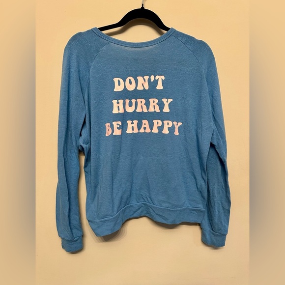 P.J. Salvage “Don’t Hurry Be Happy” Sweater Light Blue Small - Picture 1 of 4